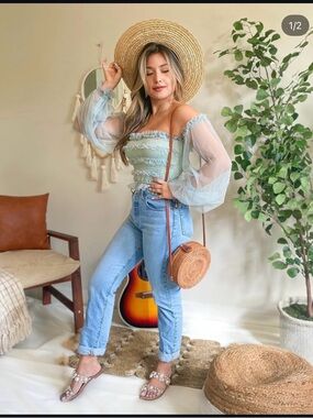 MABLE - Light Sage Off-Shoulder Puff Sleeve Top- SPRING TOP 🌸🌼